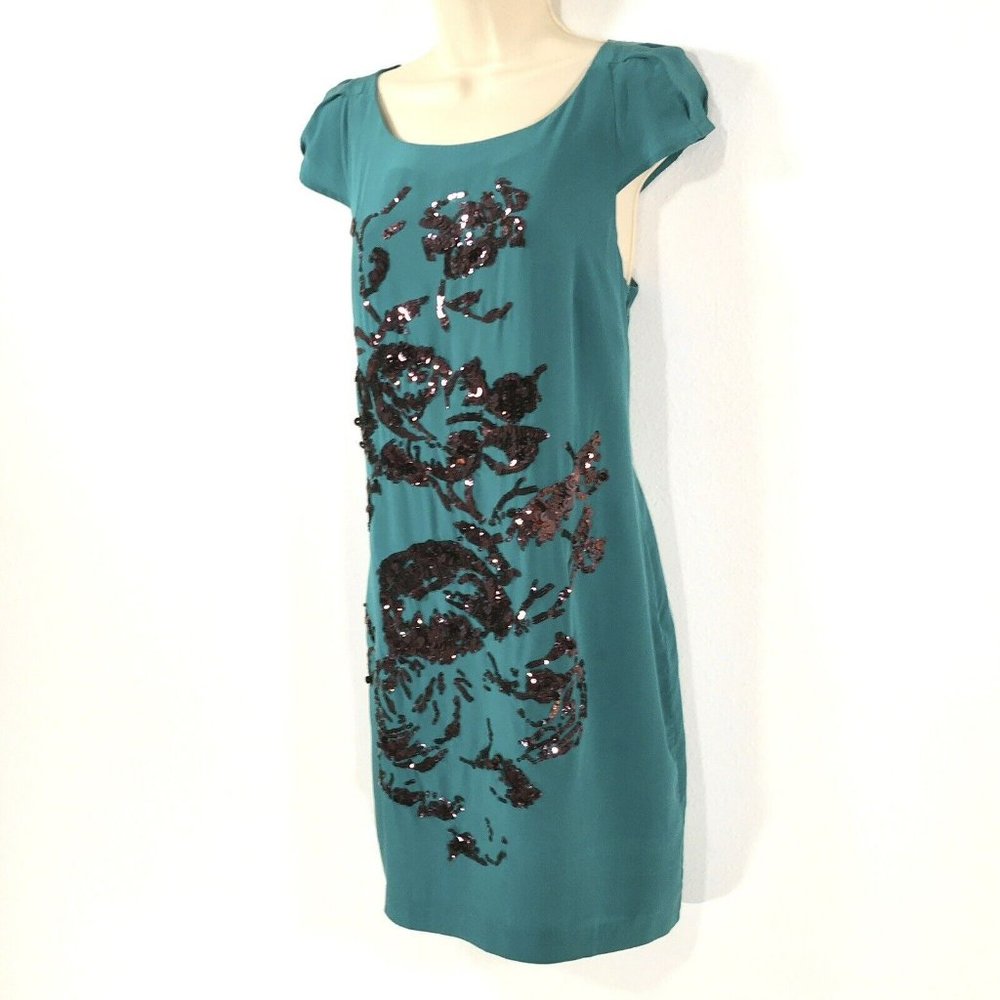 Coast Teal Silk Dress Sz 12 Black Sequin Floral Design Cap Sleeve Side Zip Lined